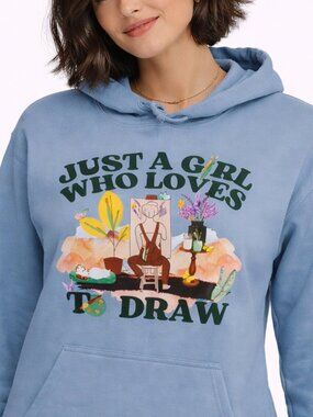 NWT - Unisex Small blue hoodie sweatshirt Just a Girl Who Loves to Draw Artists